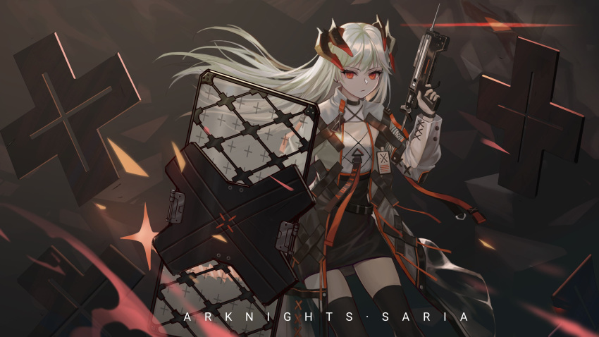 1girl absurdres arknights bangs black_legwear closed_mouth cowboy_shot dragon_horns earrings english_text gun highres holding holding_gun holding_shield holding_weapon horns jewelry long_hair looking_at_viewer miniskirt multicolored_coat orange_eyes saria_(arknights) shield silver_hair skirt solo thigh-highs weapon zhai
