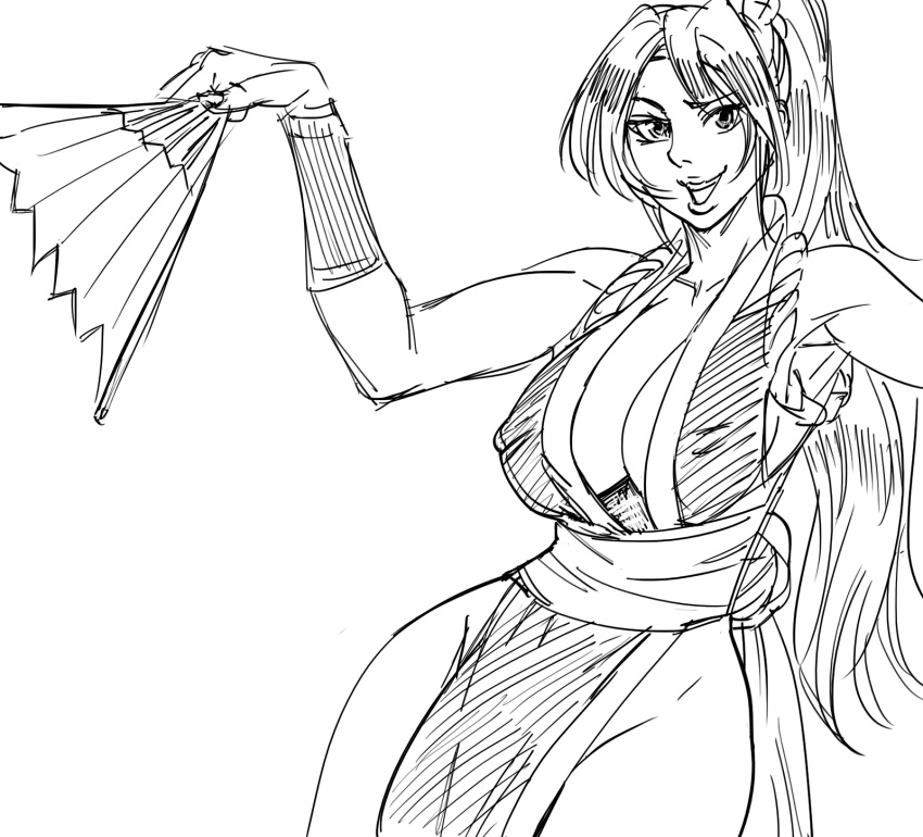 1girl bare_shoulders bb_(baalbuddy) bracer breasts covered_nipples cowboy_shot fan fatal_fury folding_fan greyscale hand_up highres holding holding_fan large_breasts long_hair looking_at_viewer monochrome pelvic_curtain ponytail sash shiranui_mai simple_background smile solo standing the_king_of_fighters very_long_hair white_background