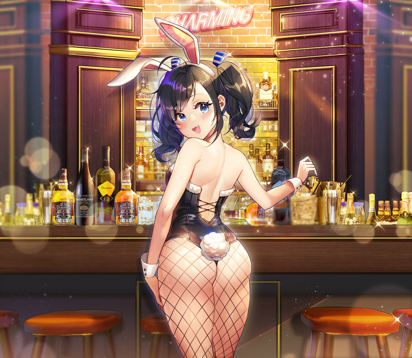 1girl alcohol animal_ears ass bangs bar bare_shoulders bartender blue_eyes blush bottle bunny_girl bunny_tail bunnysuit commentary copyright_request fake_animal_ears fake_tail fang fishnet_legwear fishnets from_behind fur_trim highres indoors long_hair looking_at_viewer meoneo open_mouth pantyhose rabbit_ears smile solo standing tail twintails two_side_up