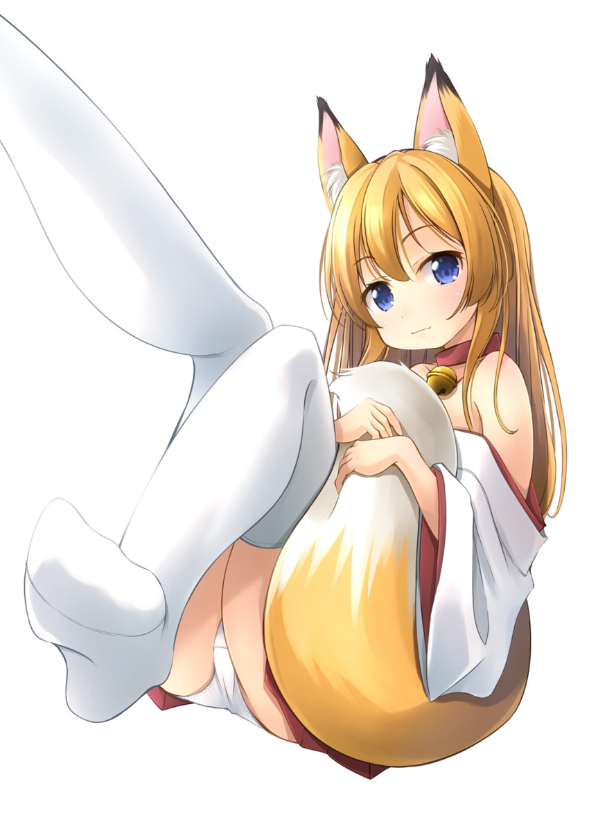 1girl animal_ear_fluff animal_ears bare_shoulders bell bell_collar blonde_hair collar commentary_request fox_ears fox_girl fox_tail hakama hakama_skirt highres japanese_clothes jingle_bell knees_together_feet_apart long_hair looking_at_viewer miko no_shoes off_shoulder original panties pantyshot pantyshot_(sitting) red_hakama shibacha simple_background sitting solo tail tail_hug thigh-highs underwear white_background white_legwear white_panties wide_sleeves