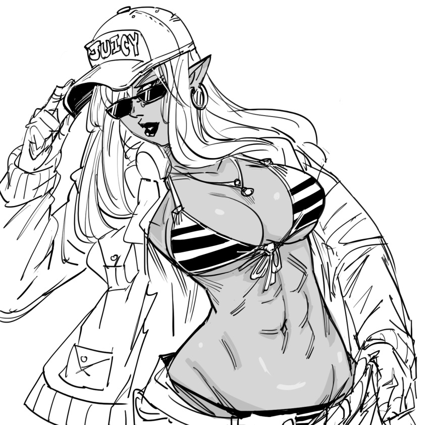 1girl abs baseball_cap bb_(baalbuddy) bikini dark_elf dark_skin earrings elf greyscale hand_up hat headwear_writing highres hoop_earrings jacket jewelry lipstick long_hair looking_at_viewer makeup monochrome necklace open_clothes open_jacket original parted_lips pointy_ears simple_background solo striped striped_bikini sunglasses swimsuit toned upper_body white_background