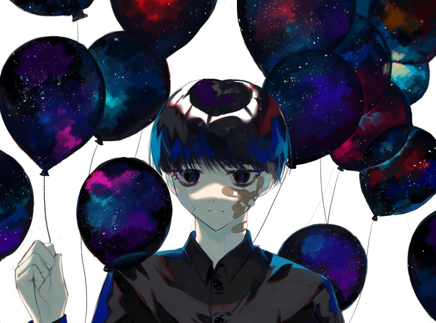 1boy balloon bandaid bandaid_on_face black_hair closed_mouth clouds frown holding holding_balloon male_focus original shiny shiny_hair simple_background star white_background zumi_(neronero126)