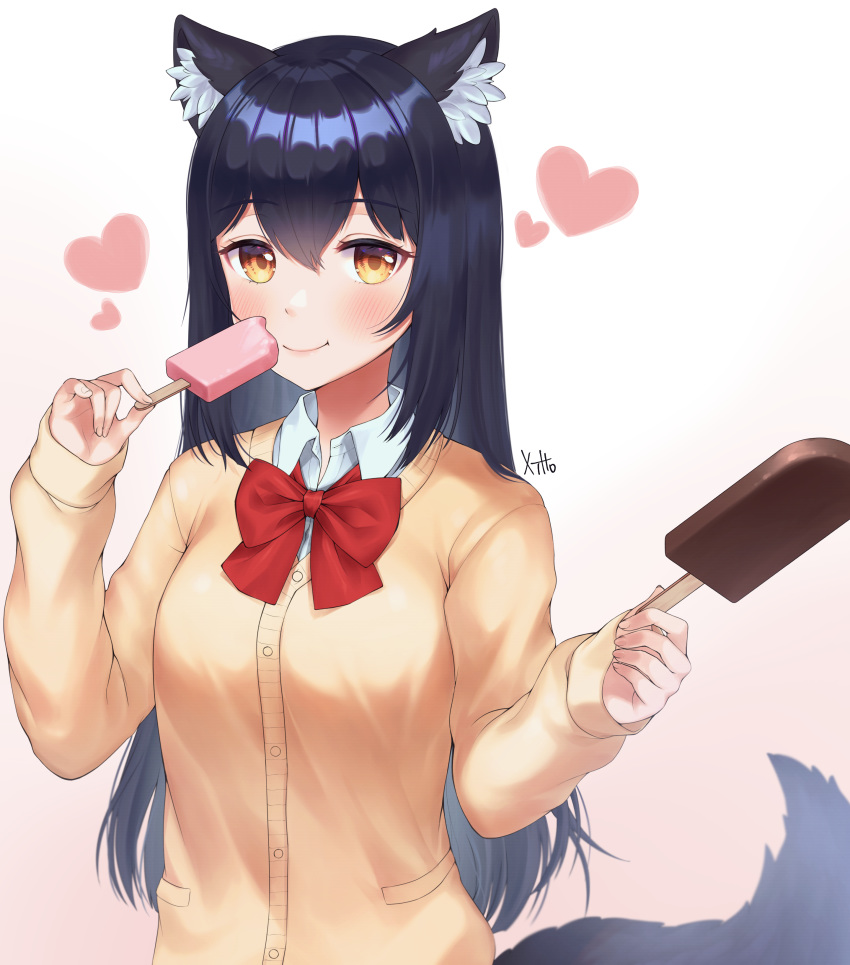 1girl absurdres animal_ears arknights black_hair blush bow bowtie breasts eyebrows_visible_through_hair food hair_between_eyes heart highres long_hair looking_at_viewer popsicle school_uniform simple_background sleeves_past_wrists smile solo tail texas_(arknights) white_background xiho_(suna) yellow_eyes