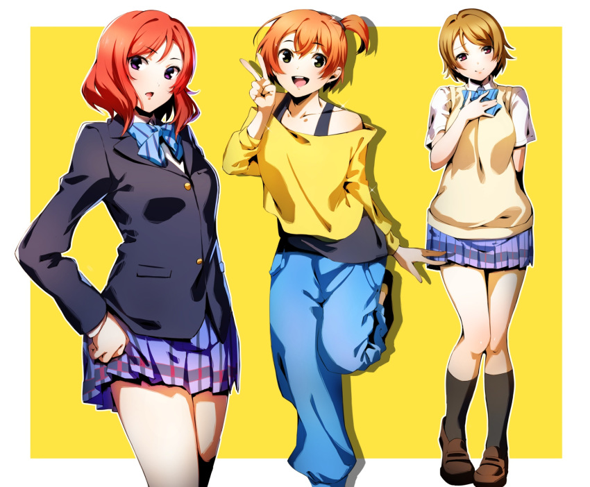 3girls bare_shoulders blazer blue_neckwear blue_pants blue_skirt bow bowtie brown_footwear brown_hair eyebrows_visible_through_hair full_body hand_up highres hoshizora_rin jacket koizumi_hanayo long_sleeves looking_at_viewer love_live! love_live!_school_idol_project multiple_girls nakano_maru nishikino_maki open_mouth orange_hair pants plaid plaid_skirt red_eyes redhead school_uniform shoes short_hair short_sleeves side_ponytail simple_background skirt smile socks standing v violet_eyes yellow_background