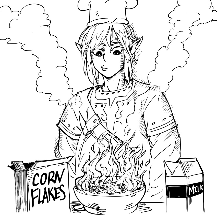 1boy bb_(baalbuddy) belt bowl burning chef_hat corn_flakes failure fire flame greyscale hat highres link long_sleeves looking_down male_focus medium_hair milk_carton monochrome parody pointy_ears short_over_long_sleeves short_sleeves simple_background smoke solo the_legend_of_zelda the_simpsons white_background
