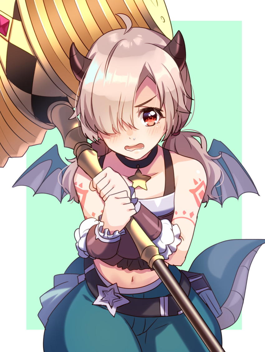 1girl ahoge bangs bare_shoulders belt black_belt black_choker blue_pants blush brown_hair character_request choker collarbone crop_top dragon_girl dragon_horns dragon_tail dragon_wings green_background grey_hair grey_wings hair_over_one_eye hands_up highres holding holding_hammer horns ichiren_namiro long_hair low_twintails midriff mini_wings navel open_mouth pants princess_connect! princess_connect!_re:dive puffy_pants red_eyes solo star star_choker sweat tail twintails two-handed two-tone_background wavy_mouth white_background wings