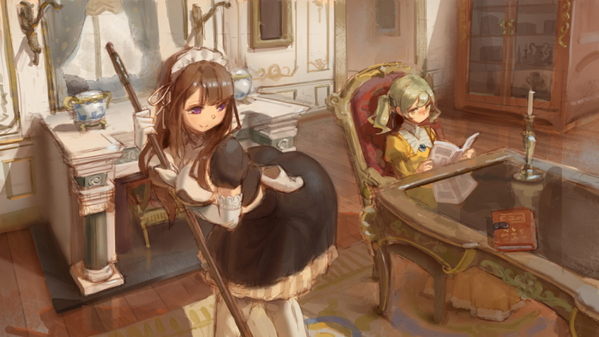 2girls :t ass bent_over book breasts brown_eyes brown_hair candle candlestand commentary giantess green_hair kazo large_breasts long_hair maid_headdress multiple_girls original reading reflection smile table thigh-highs twintails violet_eyes white_legwear wooden_floor