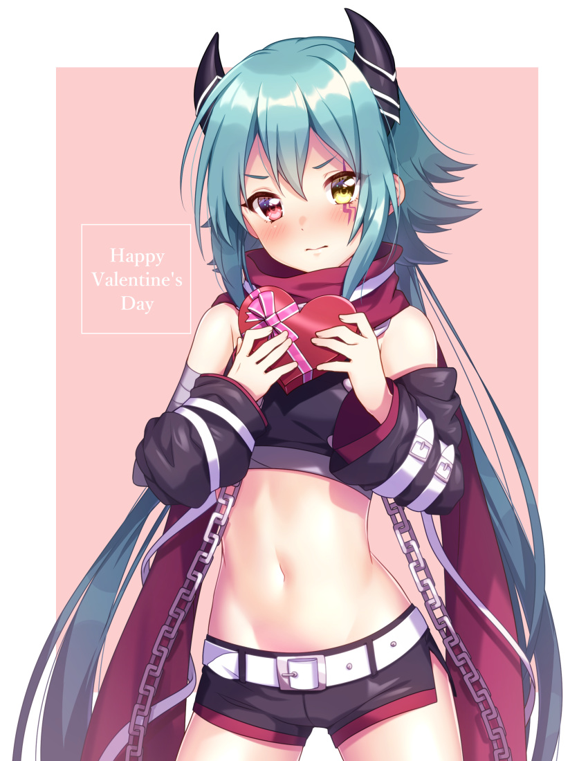 1girl absurdres arm_belt bangs bare_shoulders belt belt_buckle black_shorts black_sleeves blue_hair blush box breasts brown_background brown_eyes buckle chain closed_mouth cowboy_shot crop_top detached_sleeves facial_mark gift gift_box hair_between_eyes hands_up happy_valentine heart-shaped_box heterochromia highres hiiragi_anna holding holding_gift horns ichiren_namiro long_hair long_sleeves low_twintails midriff navel princess_connect! princess_connect!_re:dive red_eyes red_scarf scarf short_shorts shorts small_breasts solo twintails two-tone_background very_long_hair white_background white_belt