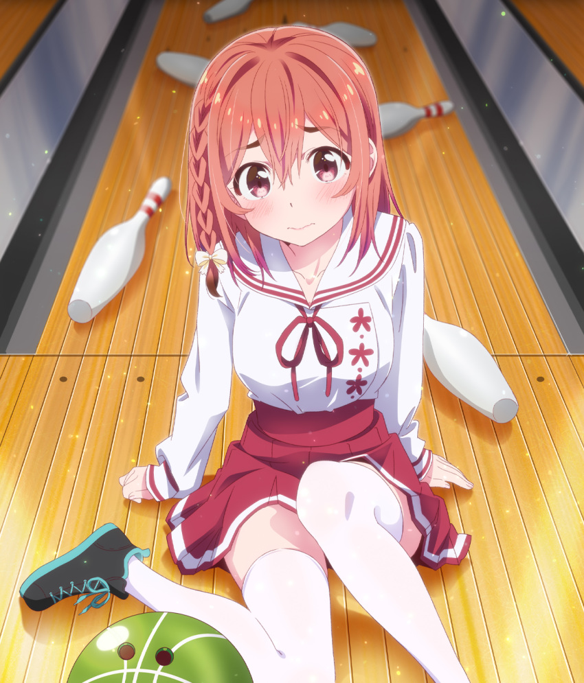 1girl ball blouse blush bowling_alley bowling_ball bowling_pin braid highres kanojo_okarishimasu key_visual knee_up long_sleeves looking_at_viewer medium_hair miniskirt neck_ribbon official_art pink_eyes pleated_skirt red_skirt redhead ribbon sailor_collar sakurasawa_sumi shoes sitting skirt sneakers solo thigh-highs white_blouse white_legwear zettai_ryouiki