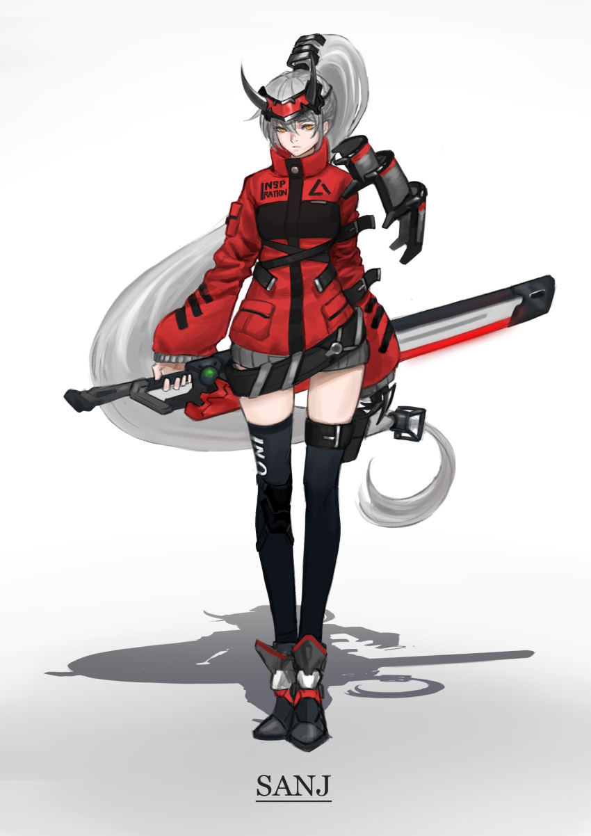 1girl absurdres arm_belt armor belt black_footwear black_legwear claws closed_mouth floating gradient gradient_background grey_hair headgear highres holding holding_sword holding_weapon horns jacket japanese_armor long_hair oni original pauldrons ponytail red_jacket sanj shadow sleeves_past_wrists solo standing sword thigh_strap very_long_hair weapon yellow_eyes