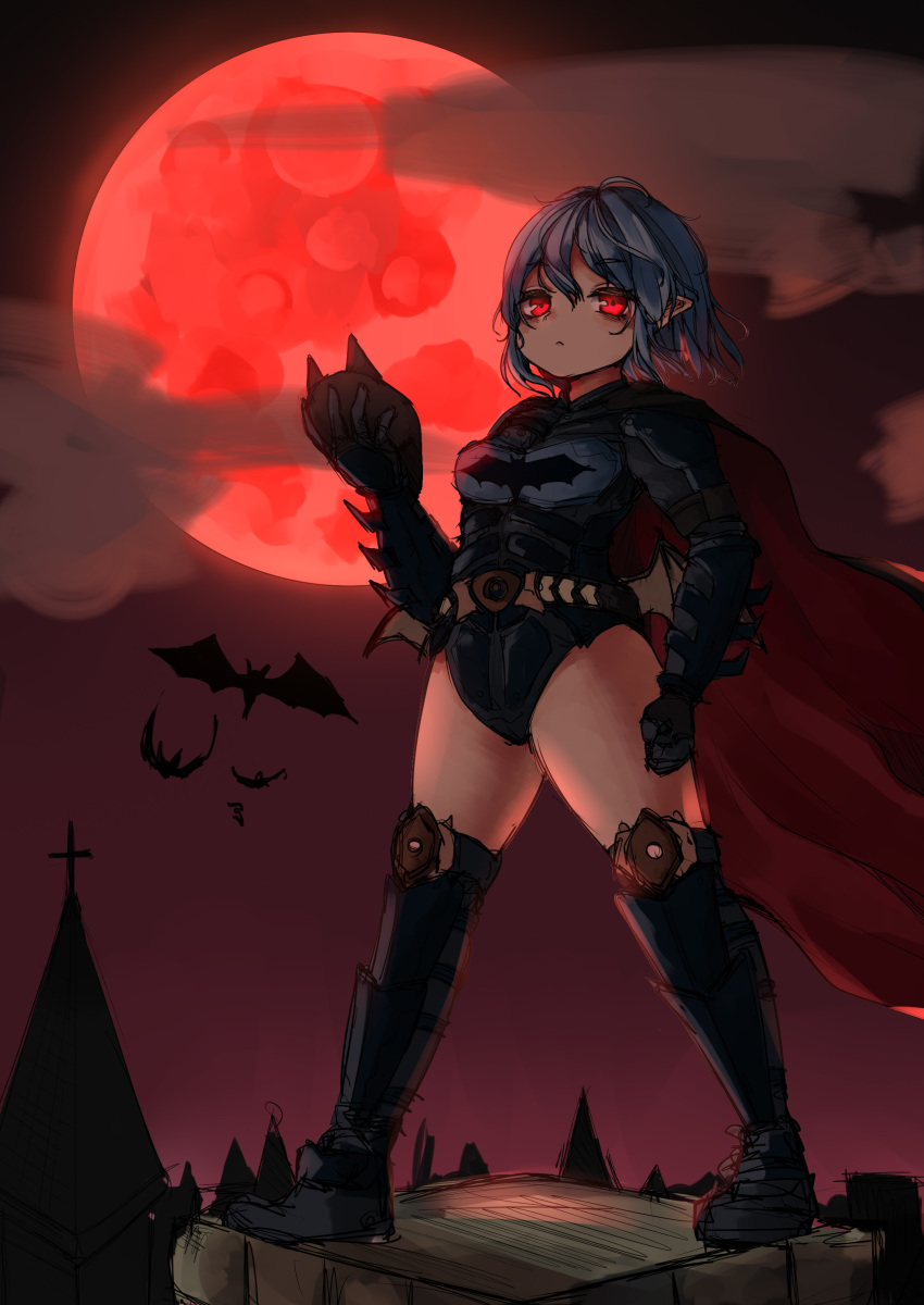 1girl :&lt; absurdres armored_leotard bat batman batman_(cosplay) batman_(series) belt black_gloves black_leotard blue_hair breasts cape clenched_hand clouds cloudy_sky cosplay gloves greaves grey_legwear highres knee_pads kourou_(kouroukun) leotard looking_at_viewer mask mask_removed moon night over-kneehighs pointy_ears red_eyes red_moon remilia_scarlet rooftop scarlet_devil_mansion short_hair sky small_breasts solo spikes standing superhero thigh-highs thighs touhou trait_connection