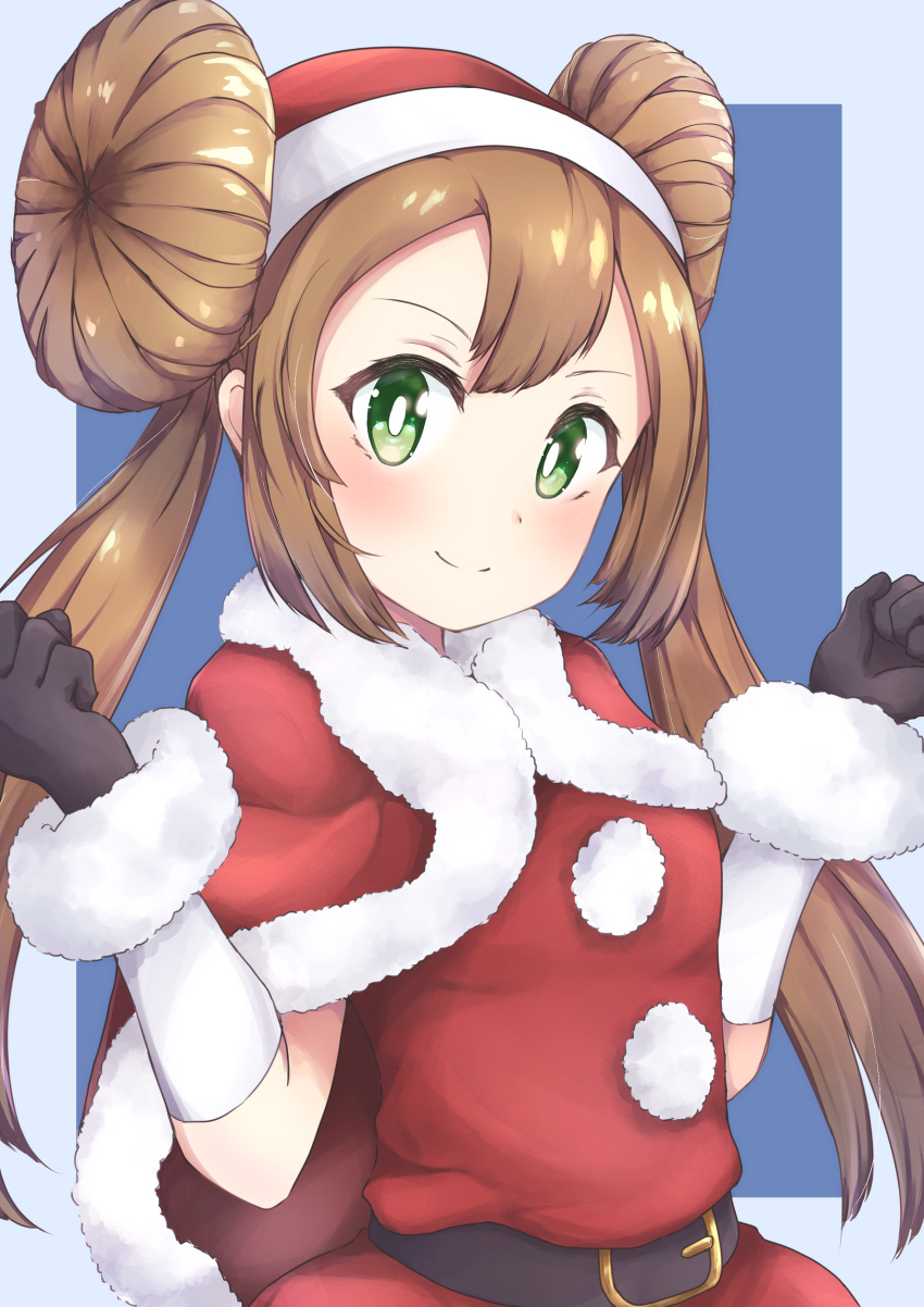 1girl absurdres blush breasts brown_hair christmas closed_mouth double_bun green_eyes hat highres long_hair looking_at_viewer mei_(pokemon) pokemon pokemon_(game) pokemon_bw2 smile solo twintails