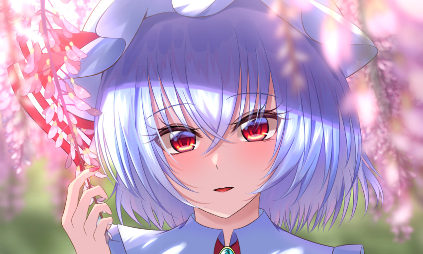 1girl :d bangs blurry blurry_background blurry_foreground eyebrows_visible_through_hair hair_between_eyes hat hat_ribbon looking_at_viewer nail_polish open_mouth portrait red_eyes red_nails red_ribbon remilia_scarlet ribbon shiny shiny_hair short_hair silver_hair smile solo souyoru touhou white_headwear