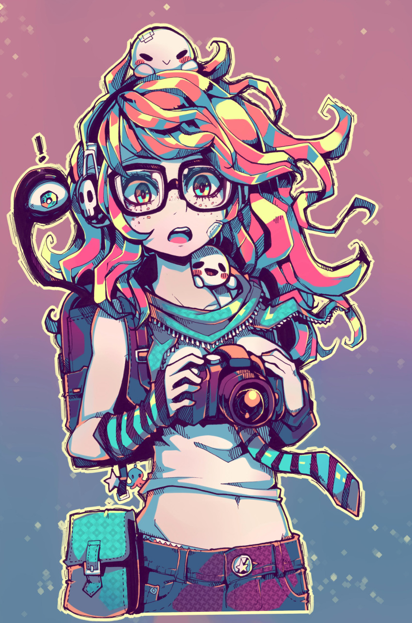 1girl absurdres backpack bag black-framed_eyewear collarbone crop_top denim eyebrows_visible_through_hair freckles glasses highres jeans kaz_asteri long_hair looking_at_viewer navel negative_frames open_mouth pants parororo rectangular_eyewear redhead solo very_long_hair wavy_hair