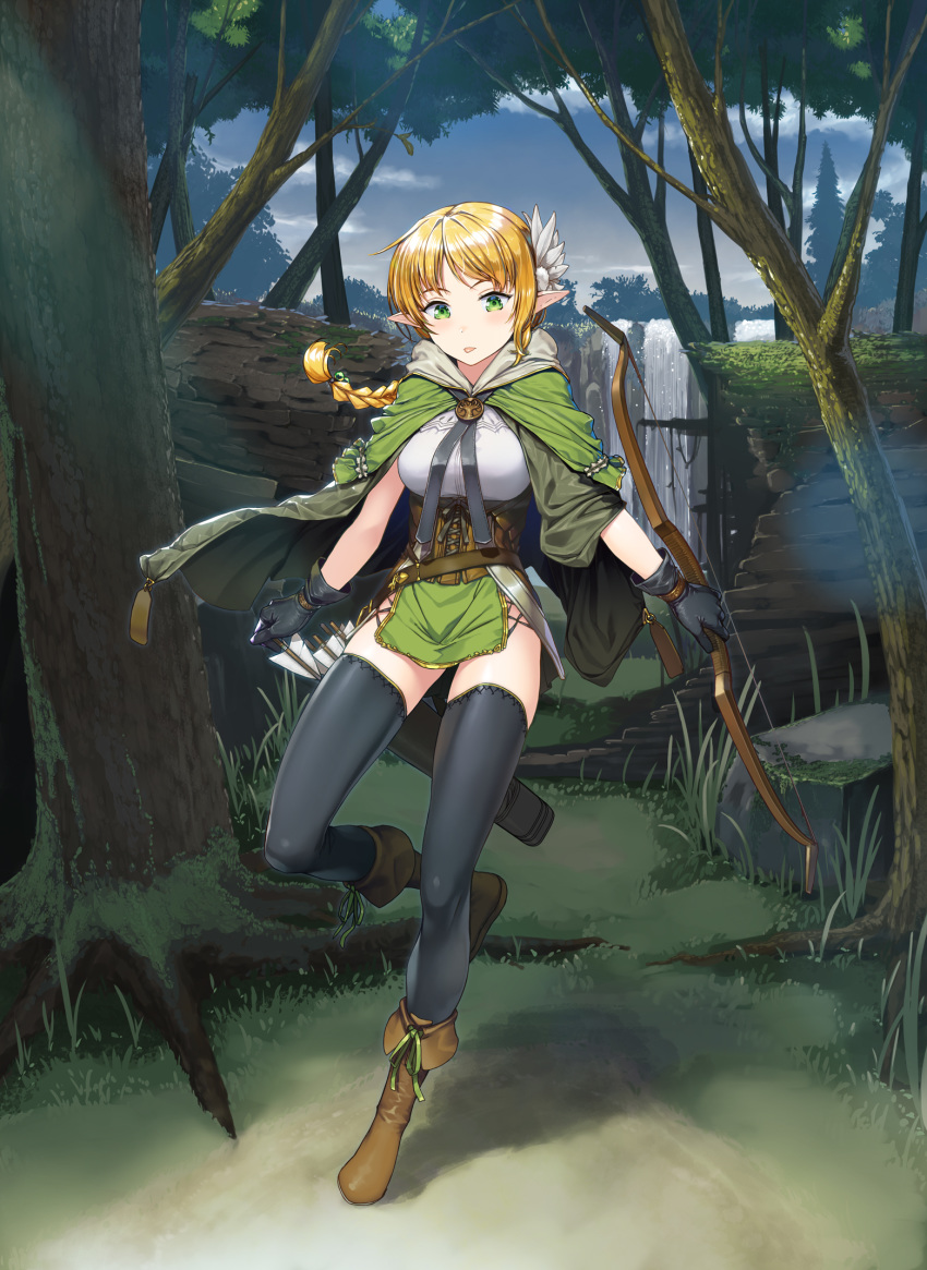 1girl arrow bangs black_gloves blonde_hair boots bow_(weapon) braid breasts brown_footwear cape commentary_request day elf forest gloves green_cape green_eyes hair_ornament highres holding holding_bow_(weapon) holding_weapon knee_up large_breasts long_hair looking_at_viewer nature nonderi original outdoors pointy_ears smile solo standing standing_on_one_leg stone thigh-highs tongue tongue_out tree water waterfall weapon