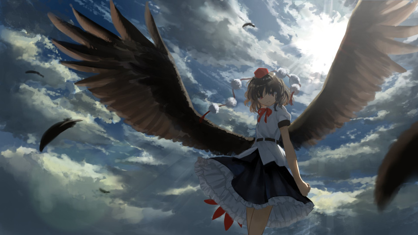 1girl belt bird_wings black_hair black_legwear black_skirt collared_shirt feathers frilled_skirt frills hat highres pom_pom_(clothes) red_eyes shameimaru_aya shirt skirt sky suna_(s73d) tokin_hat touhou white_shirt wings