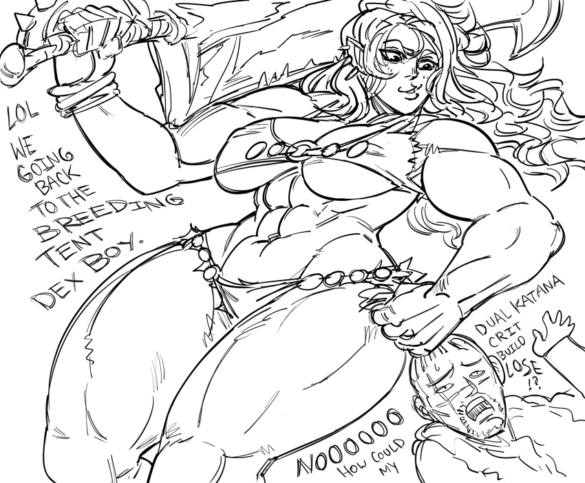 !? 1boy 1girl abs armor bare_shoulders bb_(baalbuddy) bikini_armor breasts commentary covered_nipples ear_piercing earrings english_commentary english_text femdom floating_hair greyscale hair_grab highres holding holding_sword holding_weapon jewelry large_breasts long_hair looking_at_another monochrome muscle muscular_female navel necklace orc original pelvic_curtain piercing pointy_ears scar scar_across_eye simple_background smile smug standing sword weapon white_background you_gonna_get_raped
