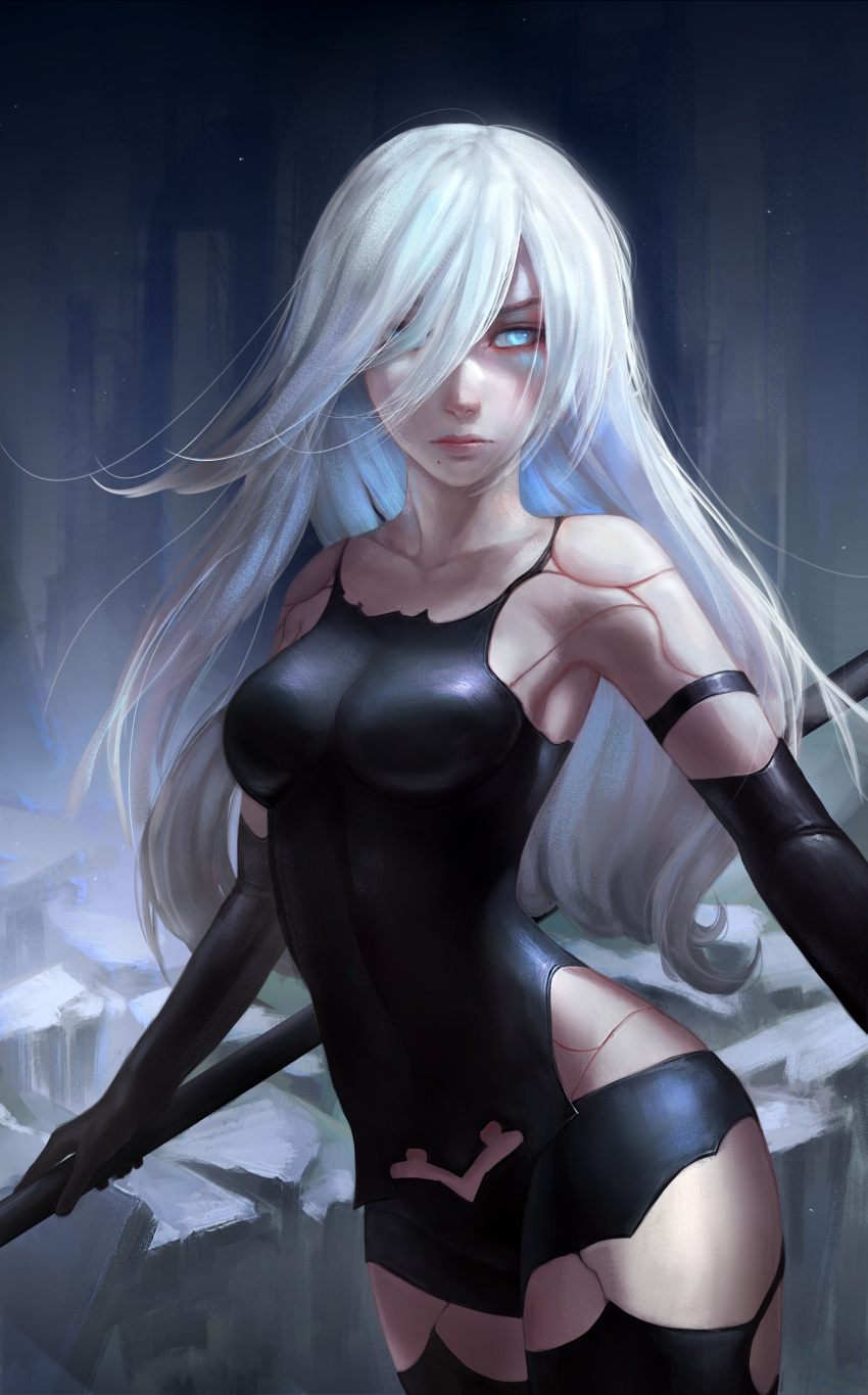 1girl absurdres alisa_nilsen android black_gloves blue_eyes breasts camisole elbow_gloves gloves hair_over_one_eye highres holding_polearm lips long_hair md5_mismatch medium_breasts mole mole_under_mouth nier_(series) nier_automata no_blindfold polearm polearm_behind_back robot_joints short_shorts shorts silver_hair solo weapon yorha_type_a_no._2