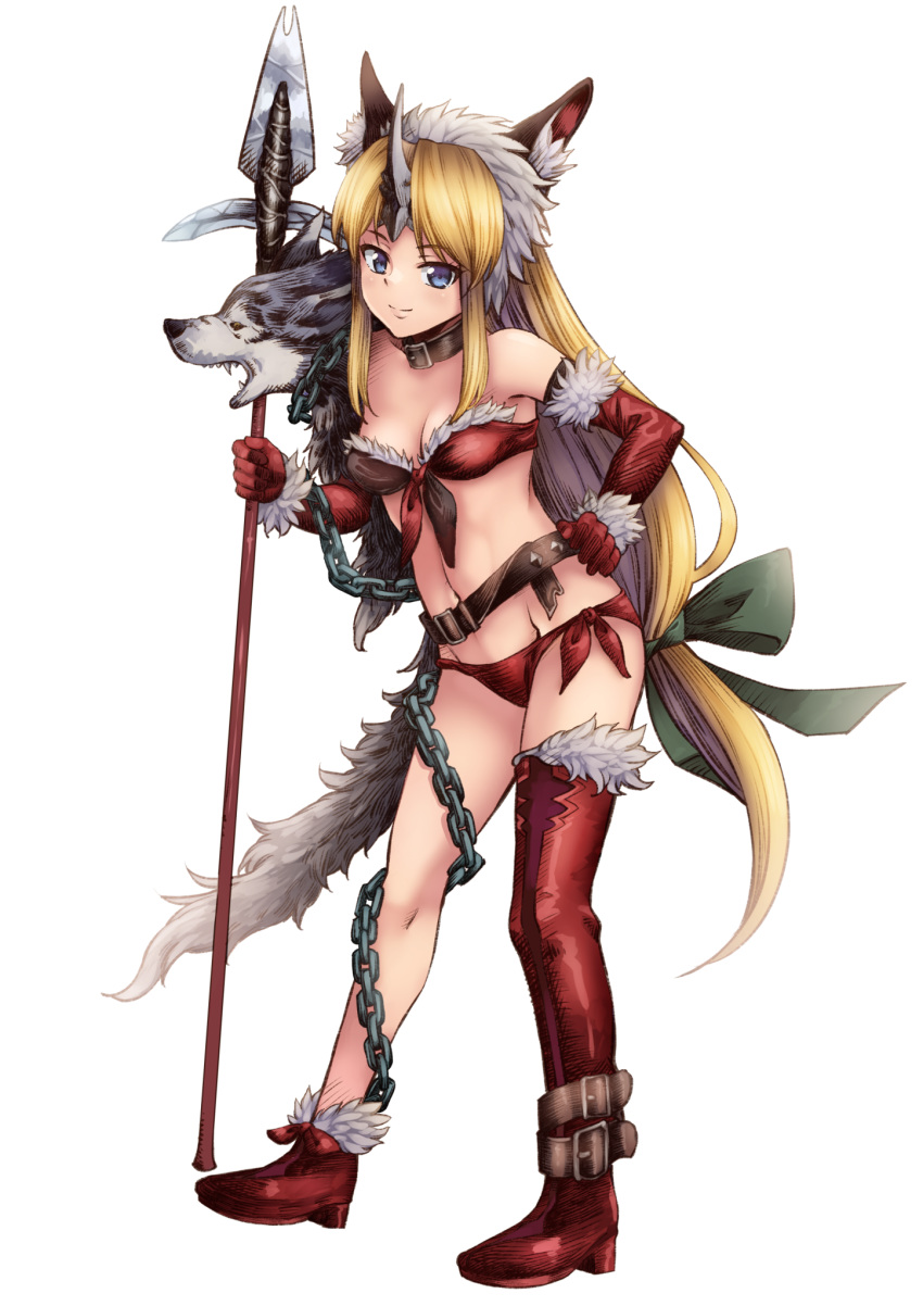 1girl animal_ears bangs belt bikini blonde_hair blue_eyes breasts chair commentary_request elbow_gloves fur_trim gloves hand_on_hip highres horn kouno_hikaru long_hair looking_at_viewer low-tied_long_hair navel polearm red_bikini riesz seiken_densetsu seiken_densetsu_3 single_thigh_boot small_breasts smile solo spear swimsuit weapon white_background wolf_ears wolf_pelt