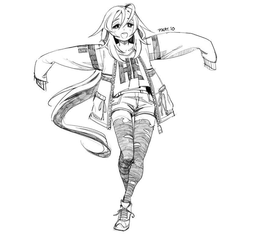 1girl ahoge blush greyscale hair_between_eyes hatching_(texture) highres jacket long_hair monochrome open_mouth original pikat round_teeth shoes short_shorts shorts sleeves_past_wrists smile sneakers solo teeth thigh-highs torn_clothes torn_legwear upper_body zipper zipper_pull_tab
