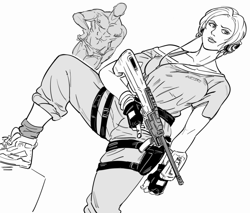1boy 1girl assault_rifle bb_(baalbuddy) bra_strap breasts closed_mouth dutch_angle faceless faceless_male fingerless_gloves gloves greyscale gun headphones highres holding holding_gun holding_weapon iq_(rainbow_six_siege) knee_up large_breasts lipstick makeup monochrome pants rainbow_six_siege rifle shoes short_hair short_sleeves simple_background smile socks solo_focus standing tactical_clothes trigger_discipline weapon weapon_request white_background