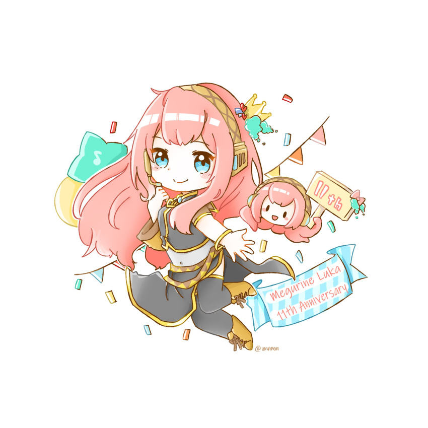 2girls anniversary armband black_shirt black_skirt blue_eyes blush_stickers boots bracelet character_name chibi commentary confetti crop_top full_body headphones headset highres holding holding_sign jewelry leg_up long_hair looking_at_viewer megurine_luka multiple_girls octopus open_mouth outstretched_arm pink_hair shirt sign single_sleeve skirt smile solid_oval_eyes string_of_flags takoluka tentacle_hair thigh-highs umapoii vocaloid white_background