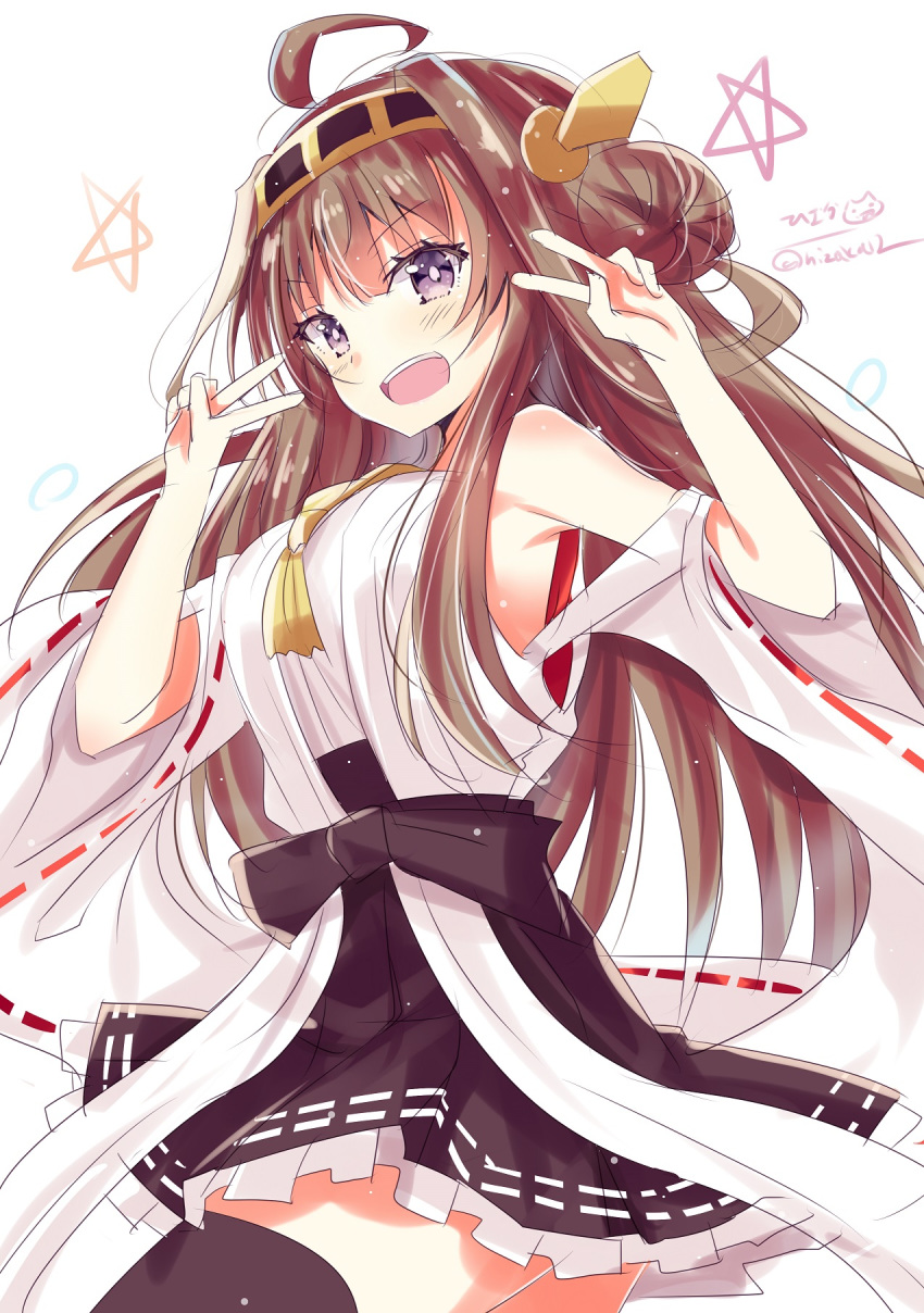 1girl ahoge bare_shoulders blush breasts brown_hair detached_sleeves double_bun double_v eyebrows_visible_through_hair hair_between_eyes hair_ornament hairband headgear high_heels highres hizaka japanese_clothes kantai_collection kongou_(kantai_collection) long_hair looking_at_viewer nontraditional_miko open_mouth ribbon simple_background skirt smile solo twitter_username v white_background