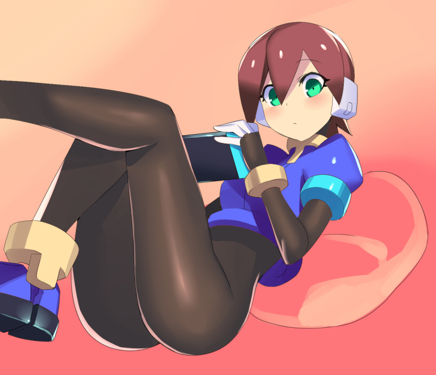 1girl aile ass blush bodystocking bodysuit breasts brown_hair closed_mouth gloves green_eyes hair_between_eyes legs looking_at_viewer protected_link robot_ears rockman rockman_zx short_hair shorts skin_tight solo spandex ukimukai