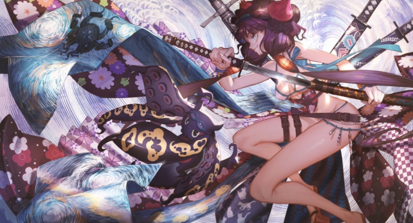 1girl bangs bare_shoulders beads bikini blue_eyes bracelet breasts closed_mouth drawing_sword fate/grand_order fate_(series) floral_print goggles goggles_on_head jewelry katana katsushika_hokusai_(fate/grand_order) katsushika_hokusai_(swimsuit_saber)_(fate) legs long_hair medium_breasts multiple_swords obi octopus ota_(ota-0000) purple_hair sash sheath sidelocks smile swimsuit sword thigh_strap tokitarou_(fate/grand_order) waves weapon white_bikini