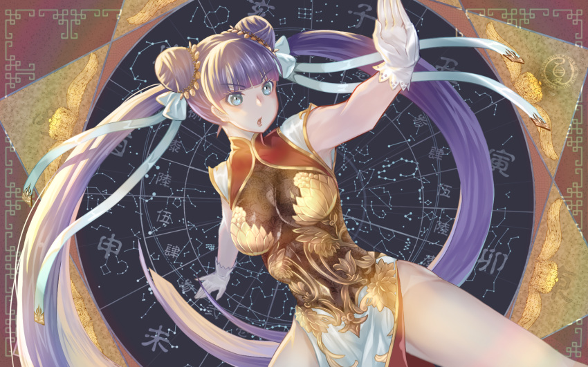 1girl :o bangs blue_eyes blunt_bangs blush breasts china_dress chinese_clothes commentary_request constellation dress dutch_angle eyebrows_visible_through_hair fate/grand_order fate_(series) fighting_stance gloves graphite_(medium) hair_ribbon heroic_spirit_traveling_outfit highres long_hair mechanical_pencil natsujiru pencil purple_hair ribbon saint_martha side_slit solo star_chart traditional_media twintails very_long_hair white_gloves white_ribbon