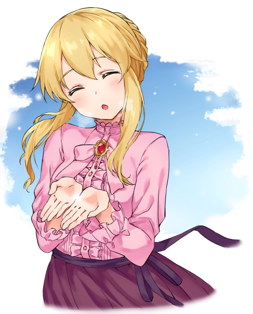1girl blonde_hair blue_sky braid breath brooch clarice_(idolmaster) closed_eyes clouds day french_braid frilled_shirt frills hands_up head_tilt highres idolmaster idolmaster_cinderella_girls jewelry open_mouth outdoors own_hands_together pink_shirt purple_skirt sash shirt short_hair_with_long_locks sidelocks sirurabbit skirt sky snow solo upper_body