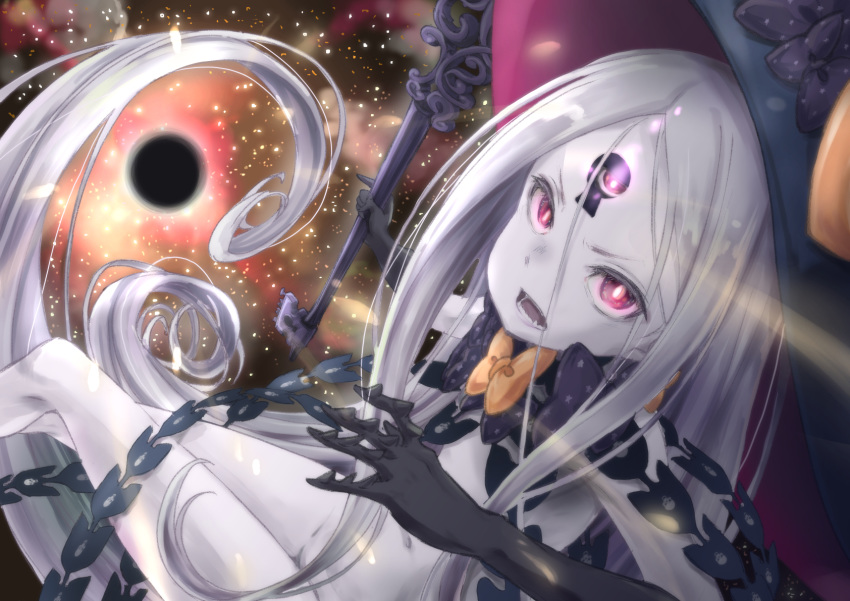 1girl abigail_williams_(fate/grand_order) bangs bare_shoulders black_bow black_headwear black_hole black_panties bow breasts fate/grand_order fate_(series) forehead glowing glowing_eye hat highres key keyhole long_hair looking_at_viewer mukai multiple_bows open_mouth orange_bow panties parted_bangs pink_eyes polka_dot polka_dot_bow small_breasts solo space staff star_(sky) thighs third_eye underwear very_long_hair white_hair white_skin witch_hat