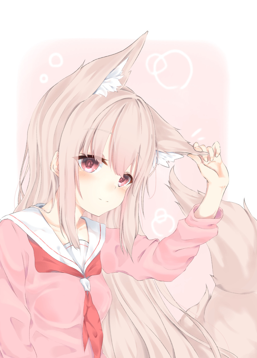 1girl animal_ear_fluff animal_ears arm_up bangs blush breasts brown_hair closed_mouth commentary_request ear_grab eyebrows_visible_through_hair fox_ears fox_girl fox_tail gradient gradient_background hair_between_eyes highres konotuki long_hair long_sleeves looking_at_viewer neckerchief original pink_background pink_shirt red_eyes red_neckwear sailor_collar school_uniform serafuku shirt small_breasts smile solo tail tail_raised very_long_hair white_background white_sailor_collar