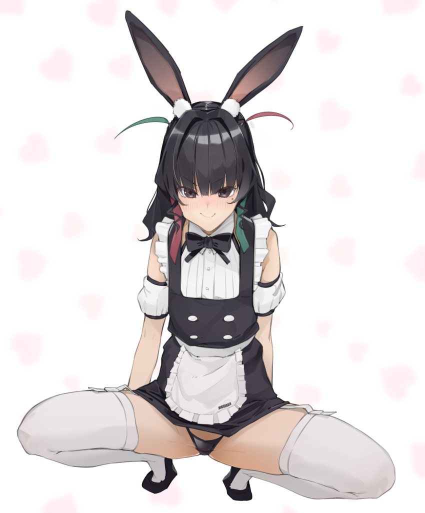 1girl animal_ears apron bangs black_hair black_panties blush bow bowtie detached_sleeves eyebrows_visible_through_hair flat_chest frills highres long_hair looking_at_viewer maid_apron mole mole_under_eye original panties rabbit_ears simple_background smile solo spread_legs squatting symbol-shaped_pupils thigh-highs tiptoes underwear uno_ryoku white_background white_legwear