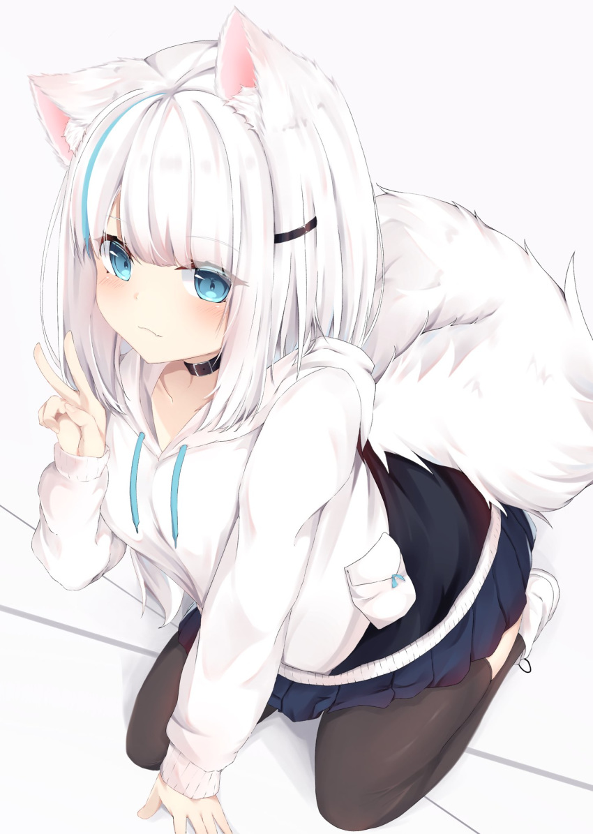 1girl animal_ear_fluff animal_ears arm_support bangs black_legwear blue_eyes blue_hair blue_skirt blush boots closed_mouth commentary_request drawstring eyebrows_visible_through_hair fang fang_out fox_ears fox_girl fox_tail grey_background hair_ornament hairclip hand_up highres hood hood_down hoodie kneeling konotuki long_sleeves looking_at_viewer multicolored_hair original pleated_skirt skirt sleeves_past_wrists smile solo streaked_hair tail thigh-highs thighhighs_under_boots v white_footwear white_hoodie