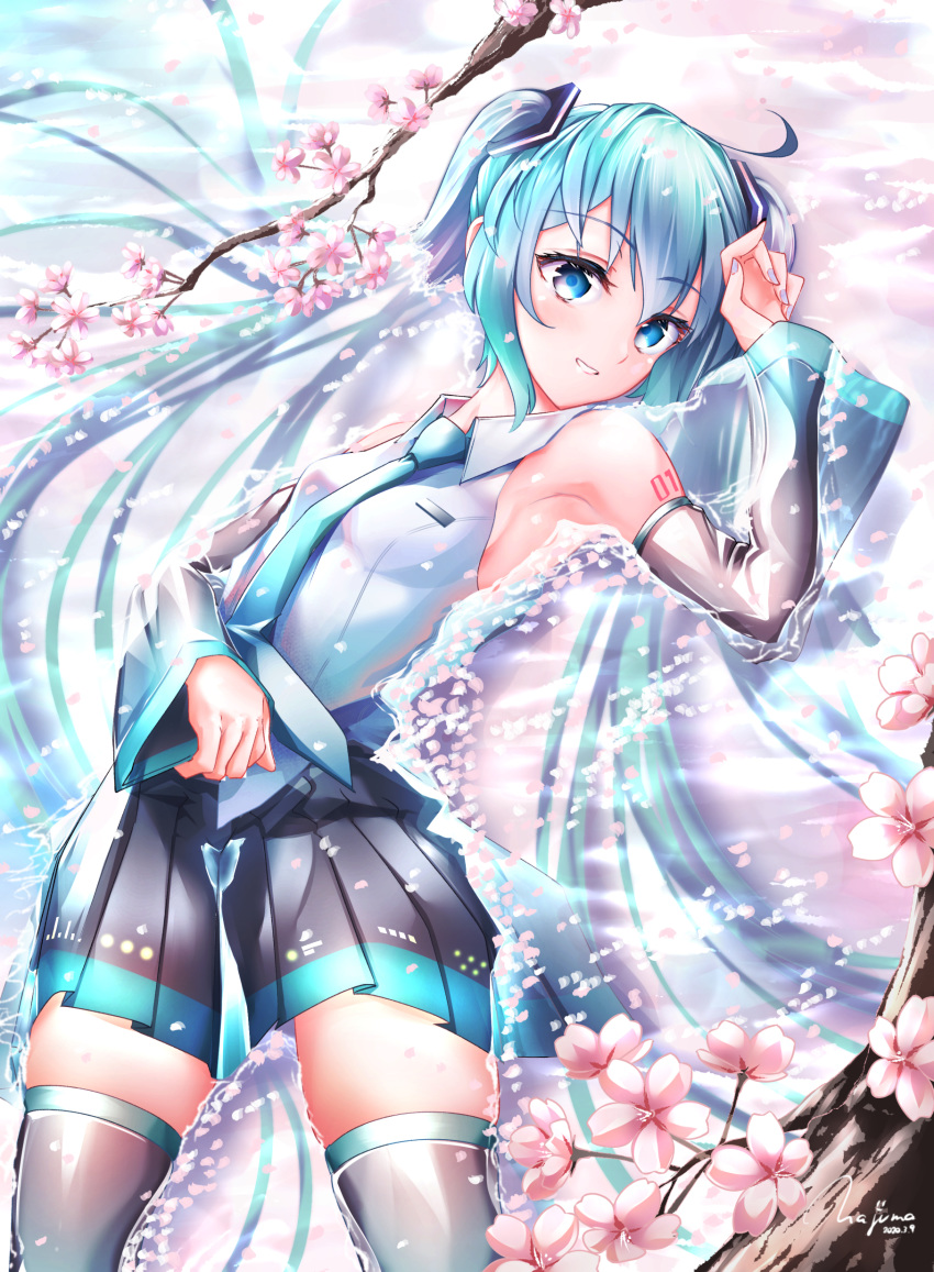 1girl 39 2020 absurdres ahoge aqua_eyes aqua_hair aqua_neckwear armpits bare_shoulders black_skirt blue_nails branch breasts cherry_blossoms commentary cowboy_shot dated detached_sleeves hatsune_miku highres long_hair looking_at_viewer lying_on_water nail_polish naka_(nakamaru_ak) necktie petals petals_on_liquid shirt shoulder_tattoo sideboob signature skirt sleeveless sleeveless_shirt smile solo tattoo thigh-highs twintails very_long_hair vocaloid white_shirt zettai_ryouiki