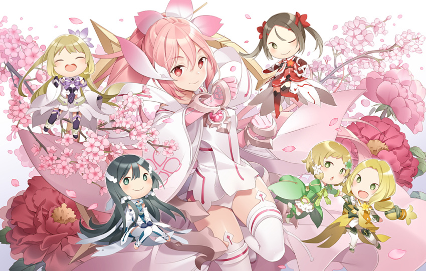 6+girls black_hair blonde_hair boots brown_hair chibi clenched_hands closed_eyes commentary_request eyebrows_visible_through_hair flower flower_request green_eyes hair_between_eyes hair_flower hair_ornament hands_on_own_knees inubouzaki_fuu inubouzaki_itsuki leg_up long_hair looking_at_viewer magical_girl miyoshi_karin multiple_girls nogi_sonoko open_mouth petals pink_hair ponytail red_eyes rie_(reverie) short_hair smile thigh-highs thigh_boots tougou_mimori twintails wide_sleeves yuuki_yuuna yuuki_yuuna_wa_yuusha_de_aru yuusha_de_aru