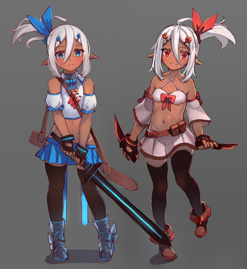 2girls ahoge bangs belt belt_buckle black_footwear black_gloves black_legwear blue_flower blue_ribbon blue_skirt boots bow breasts brown_belt buckle collarbone commentary criss-cross_halter crop_top dagger dark_elf detached_sleeves dual_wielding elf english_commentary fingerless_gloves flower gloves glowing grey_background grey_footwear hair_between_eyes hair_flower hair_ornament hair_ribbon hairclip halterneck high_heel_boots high_heels highleg highleg_panties highres holding holding_dagger holding_sword holding_weapon long_sleeves midriff miya_(pixiv15283026) multiple_girls navel original panties parted_lips pleated_skirt pointy_ears puffy_short_sleeves puffy_sleeves red_bow red_eyes red_flower red_ribbon ribbon shirt short_sleeves side_ponytail sidelocks skindentation skirt sleeveless sleeveless_shirt small_breasts smile standing standing_on_one_leg sword thigh-highs thighhighs_under_boots underwear weapon white_panties white_shirt white_skirt white_sleeves