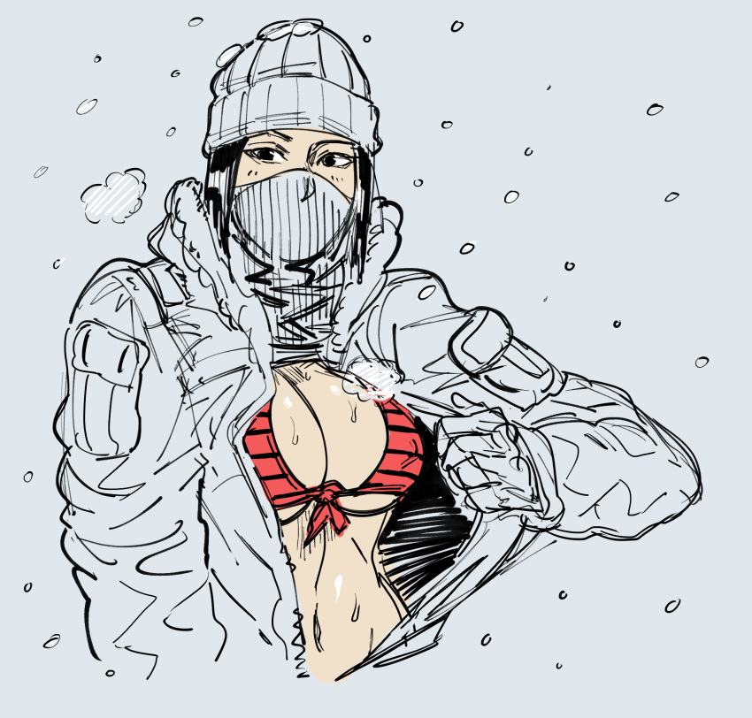 1girl bb_(baalbuddy) beanie bikini black_hair breasts coat covered_nipples frost_(rainbow_six_siege) hat highres large_breasts long_sleeves looking_at_viewer mask mouth_mask navel open_clothes open_coat rainbow_six_siege red_bikini short_hair solo striped striped_bikini sweatdrop swimsuit upper_body