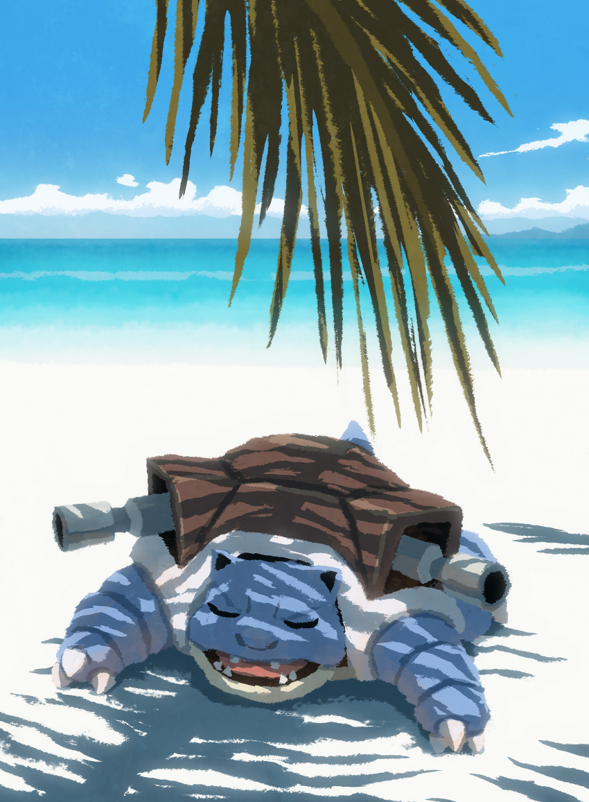 absurdres beach blastoise cannon claws closed_eyes clouds day fangs highres hyogonosuke lying no_humans ocean on_stomach open_mouth pokemon pokemon_(creature) shade sky sleeping solo water