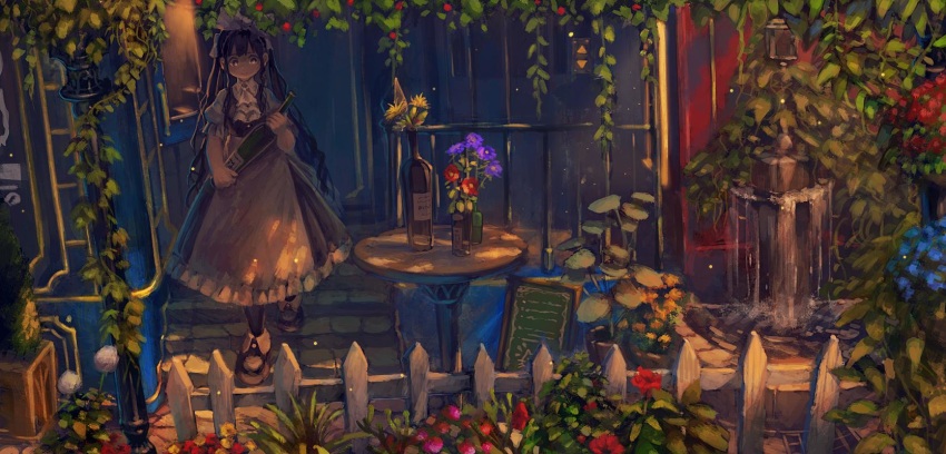 1girl alcohol black_hair bottle closed_mouth cravat dress fence flower fountain hair_ribbon highres holding holding_bottle ivy long_hair looking_away maid menu_board original outdoors picket_fence pinafore_dress plant potted_plant puffy_short_sleeves puffy_sleeves red_eyes ribbon scenery short_sleeves smile solo standing sunset table usagino_suzu very_long_hair water wavy_hair wide_shot wine wine_bottle wooden_fence