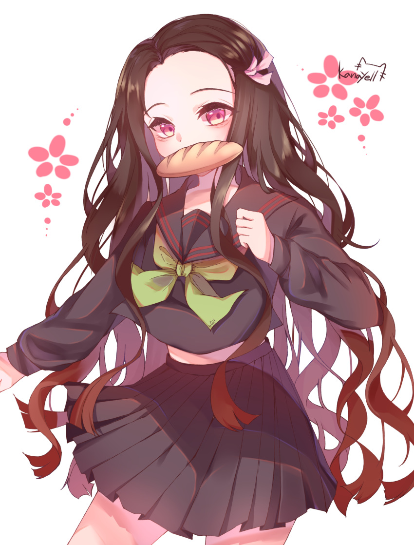 1girl absurdres baguette bangs black_hair black_sailor_collar black_serafuku black_shirt black_skirt bread brown_hair commentary_request floral_background food food_in_mouth forehead gradient_hair green_neckwear hair_ribbon highres kamado_nezuko kanayell kimetsu_no_yaiba long_hair long_sleeves looking_at_viewer mouth_hold multicolored_hair neckerchief parted_bangs pink_ribbon pleated_skirt red_eyes ribbon sailor_collar school_uniform serafuku shirt signature skirt sleeves_past_wrists solo very_long_hair