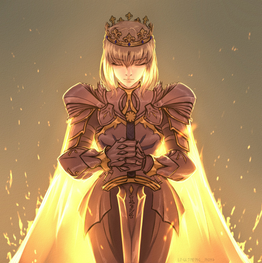1girl armor artoria_pendragon_(all) blonde_hair cape closed_eyes cowboy_shot crown excalibur fate/grand_order fate_(series) hair_between_eyes highres looking_down planted_sword planted_weapon saber saber_ruri solo sword weapon yellow_cape