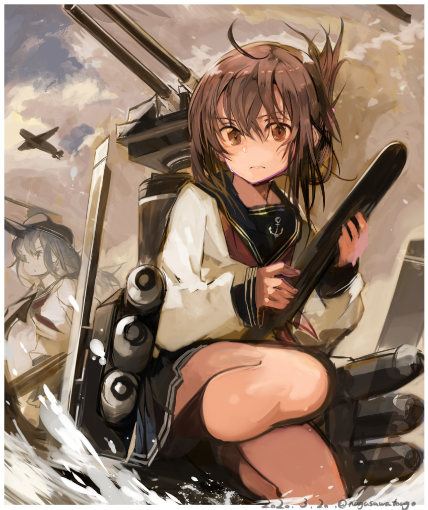 2girls absurdres aircraft akatsuki_(kantai_collection) anchor anchor_symbol bangs border brown_eyes brown_hair closed_mouth clouds dated flat_cap folded_ponytail hair_between_eyes hat highres holding holding_torpedo inazuma_(kantai_collection) kantai_collection kneehighs long_hair long_sleeves multiple_girls nagasawa_tougo neckerchief outdoors ponytail red_neckwear sailor_collar school_uniform serafuku sky torpedo twitter_username white_border