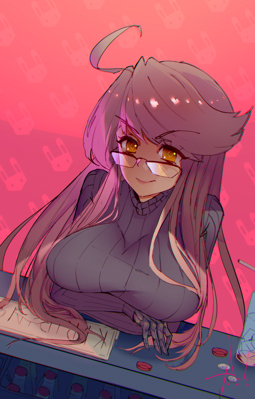 1girl absurdres ahoge alma_armas bangs bar blonde_hair breast_rest breasts cocktail commentary_request crossed_arms eyebrows_visible_through_hair glasses highres huge_ahoge huge_filesize large_breasts long_hair looking_at_viewer mechanical_hands orange_eyes over-rim_eyewear puk purple_sweater ribbed_sweater semi-rimless_eyewear solo sweater swept_bangs symbol-shaped_pupils turtleneck turtleneck_sweater va-11_hall-a