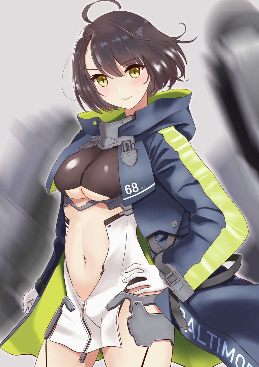 1girl ahoge azur_lane baltimore_(azur_lane) bangs blue_coat blurry blurry_background blush braid breasts brown_hair center_opening character_name clenched_hand coat collar commentary_request cowboy_shot dress eyebrows_visible_through_hair faulds french_braid garter_straps gloves grey_background hair_between_eyes hand_on_hip head_tilt highres hood hood_down hooded_coat john_manjirou_(love-love-happy21) large_breasts long_sleeves looking_at_viewer midriff midriff_cutout multicolored_coat navel number open_clothes open_coat rigging shiny shiny_clothes shiny_hair side_slit sidelocks sleeveless sleeveless_dress smile solo under_boob underboob_cutout white_dress white_gloves yellow_eyes zipper zipper_pull_tab