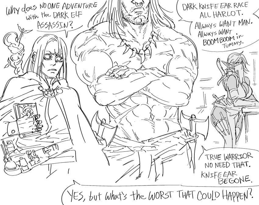 1girl 2boys abs axe bags_under_eyes barbarian bb_(baalbuddy) belt book breasts crossed_arms dark_elf elf english_text facial_hair greyscale highres holding holding_book knife large_breasts long_hair monochrome mouth_veil multiple_boys muscle nose_piercing nose_ring original piercing pointy_ears sanpaku scabbard sheath short_hair staff stubble sword sword_behind_back tooth_necklace topless vial weapon weapon_on_back wide-eyed