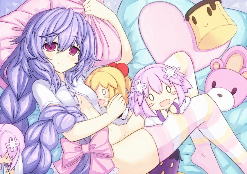 1girl bare_shoulders bottomless braid breasts character_doll choker commission eyebrows_visible_through_hair hair_between_eyes highres kami_jigen_game_neptune_v lavender_hair long_hair looking_at_viewer lying neptune_(series) novus_rue object_hug on_bed on_side open_clothes open_shirt pururut ribbon single_braid small_breasts smile solo striped striped_legwear thigh-highs very_long_hair violet_eyes