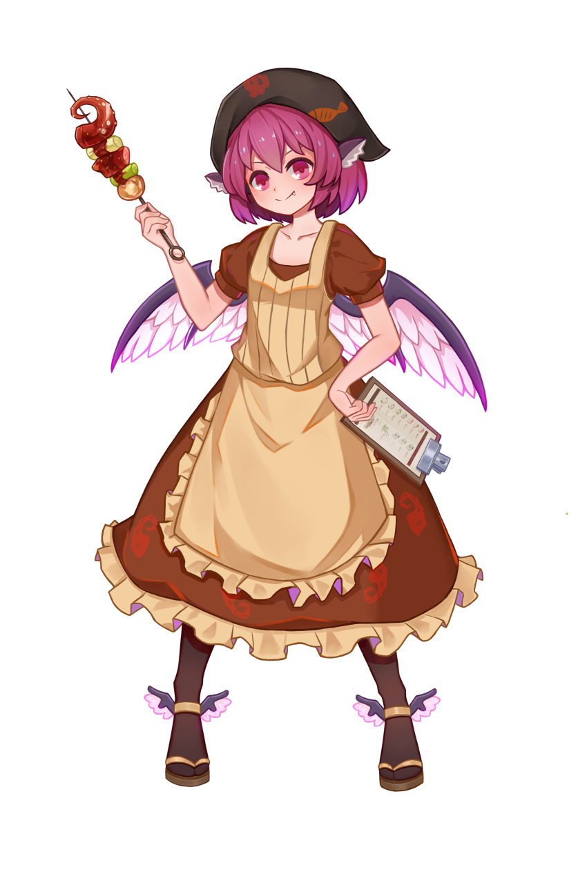 1girl absurdres animal_ears apron bangs bird_wings brown_dress brown_skirt brown_vest collarbone dress fang feathered_wings fish food hat head_scarf highres mxr mystia_lorelei okamisty pink_eyes pink_hair puffy_short_sleeves puffy_sleeves short_hair short_sleeves skirt skirt_set touhou vest white_background wings yakitori