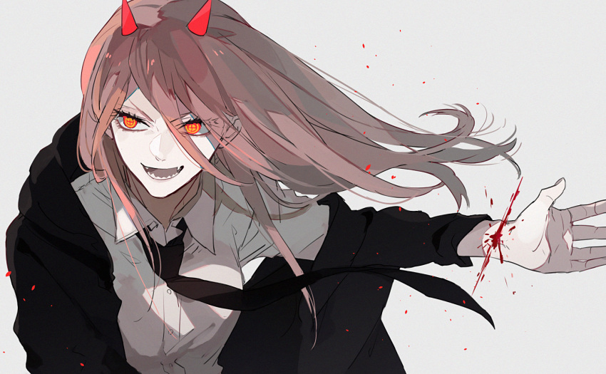 1girl black_neckwear blood chainsaw_man collared_shirt ebanoniwa eyebrows_visible_through_hair fangs grey_background hair_between_eyes horns light_brown_hair long_hair necktie open_mouth orange_eyes power_(chainsaw_man) sharp_teeth shirt simple_background solo symbol-shaped_pupils teeth upper_body white_shirt